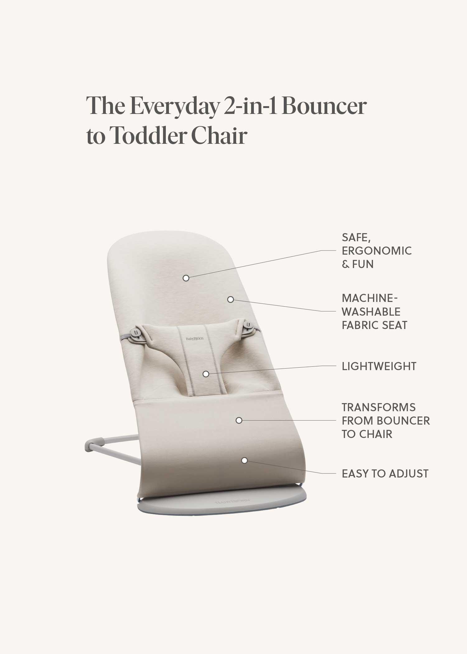 The image shows a beige 2-in-1 bouncer to toddler chair with labeled features: ergonomic, machine-washable, lightweight, convertible, and adjustable.