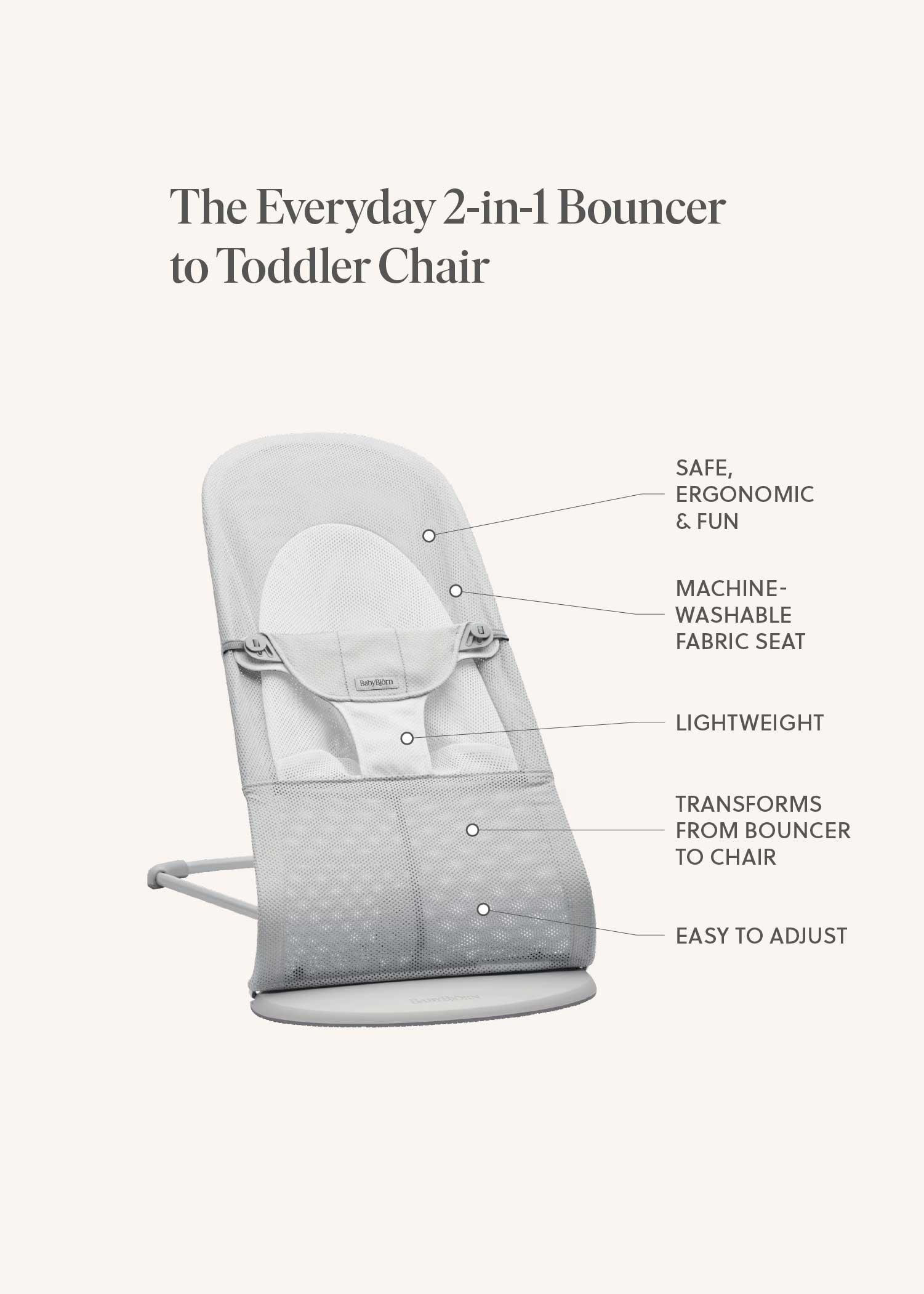 Gray baby bouncer with labels highlighting features: ergonomic, machine-washable, lightweight, adjustable, and transforms to toddler chair.